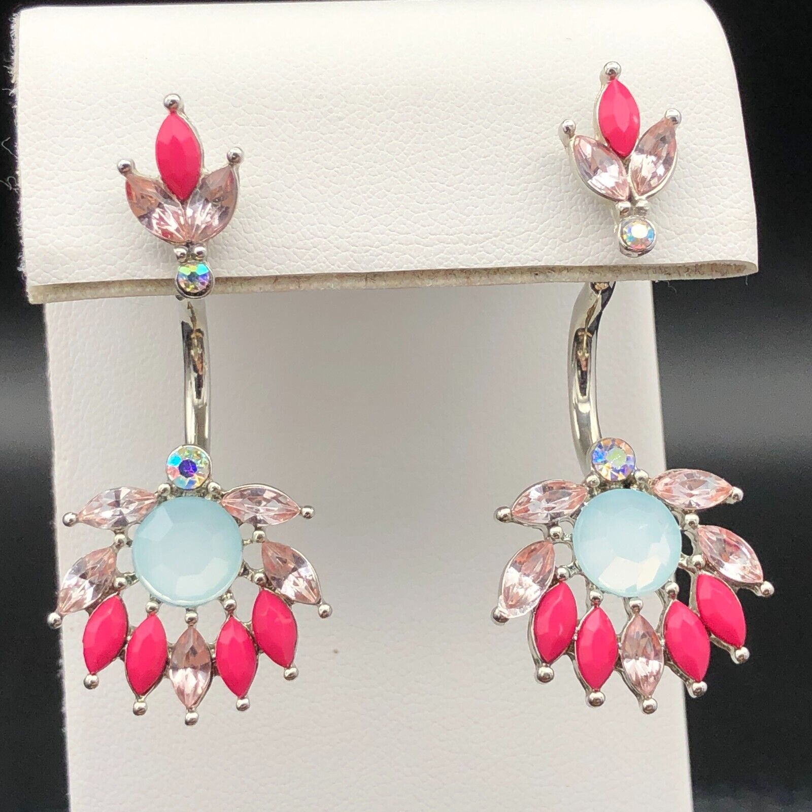 Flower Earrings Pink Milky Blue Ab Crystal Studs Removable Dangling Jacket Backs 17$